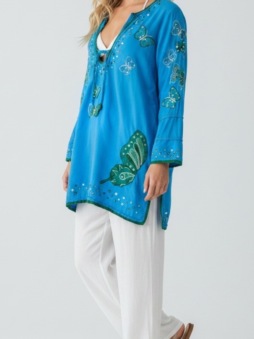 Letarte Luxe 100% Cotton Turquoise Butterflies Pearls Mirrors Tunic Swim Cover